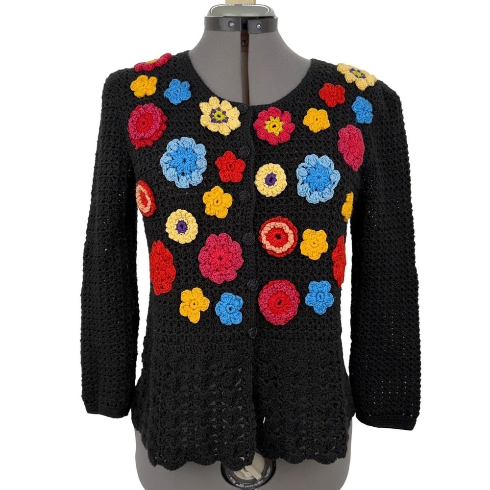 Vintage Crochet Cardigan Black Bright 3D Flower Grandmacore Art To Wear OOAK S/M